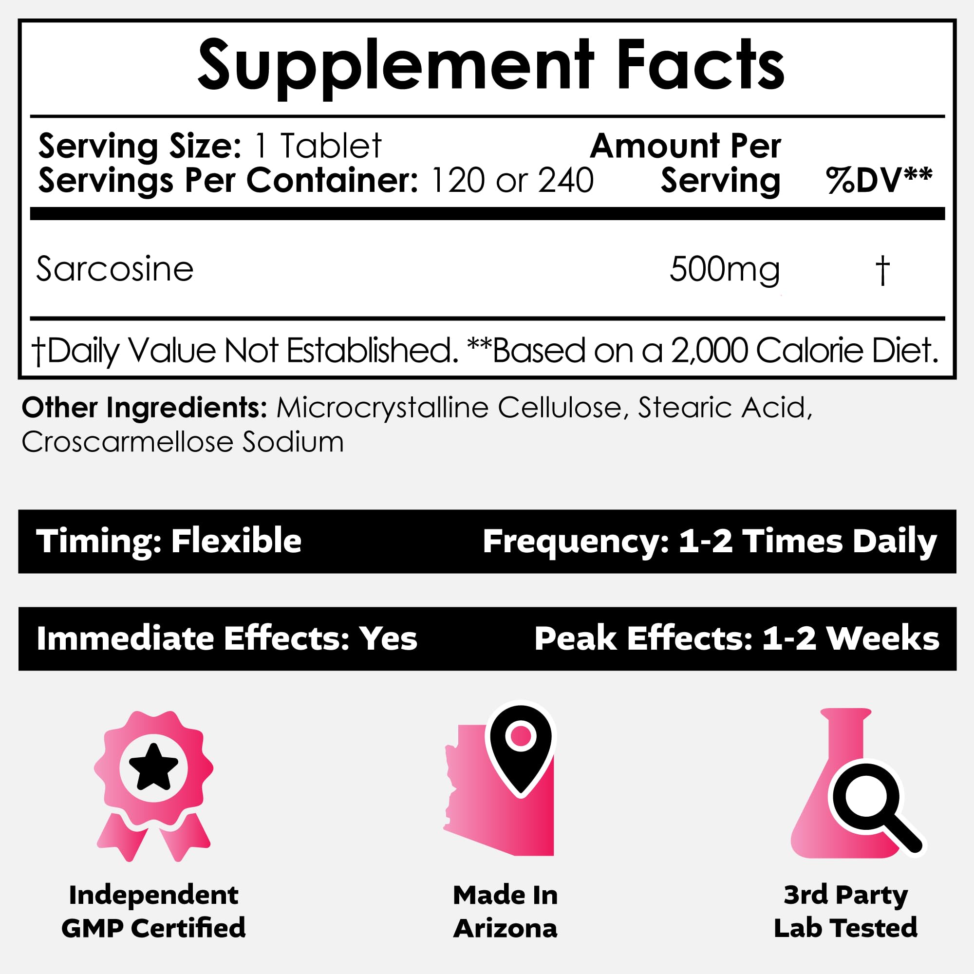 Nootropics Depot Sarcosine 500mg tablets in jar emphasizing 120-count supply.