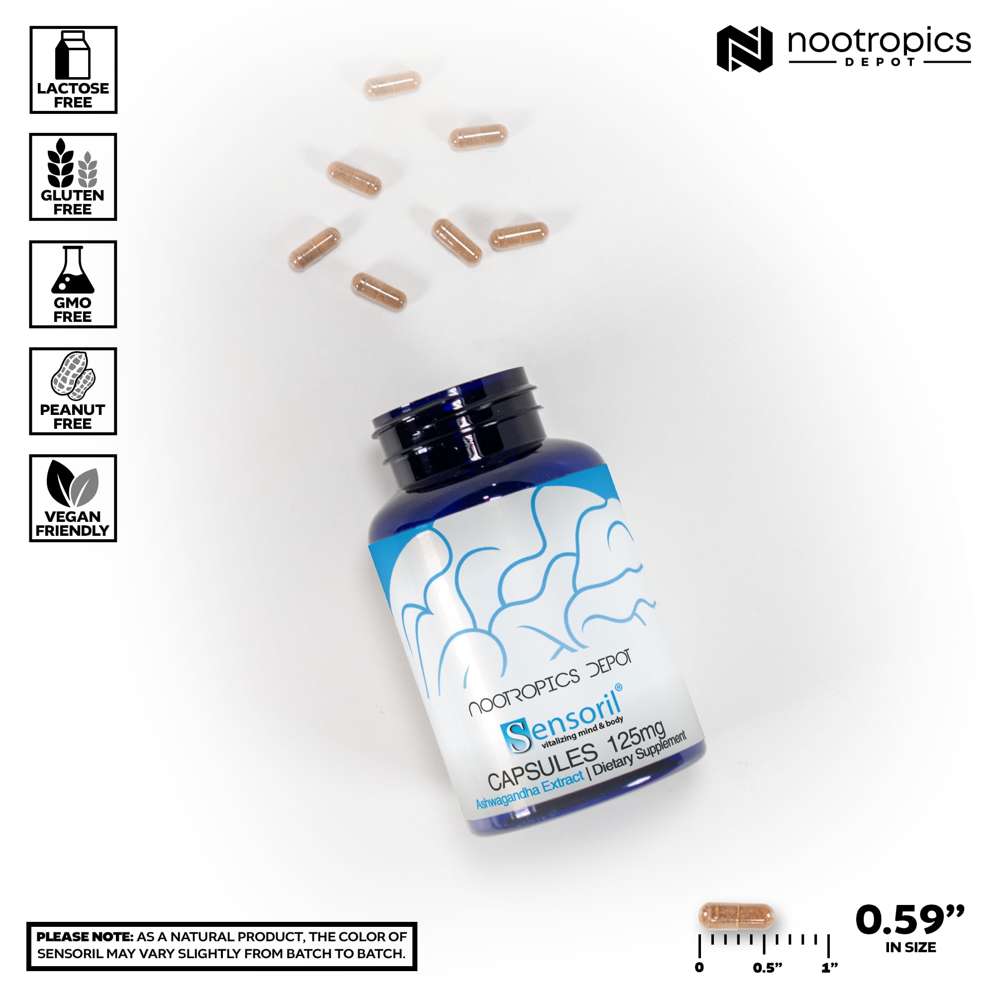 Nootropics Depot Sensoril Ashwagandha bottle on white background for clarity.