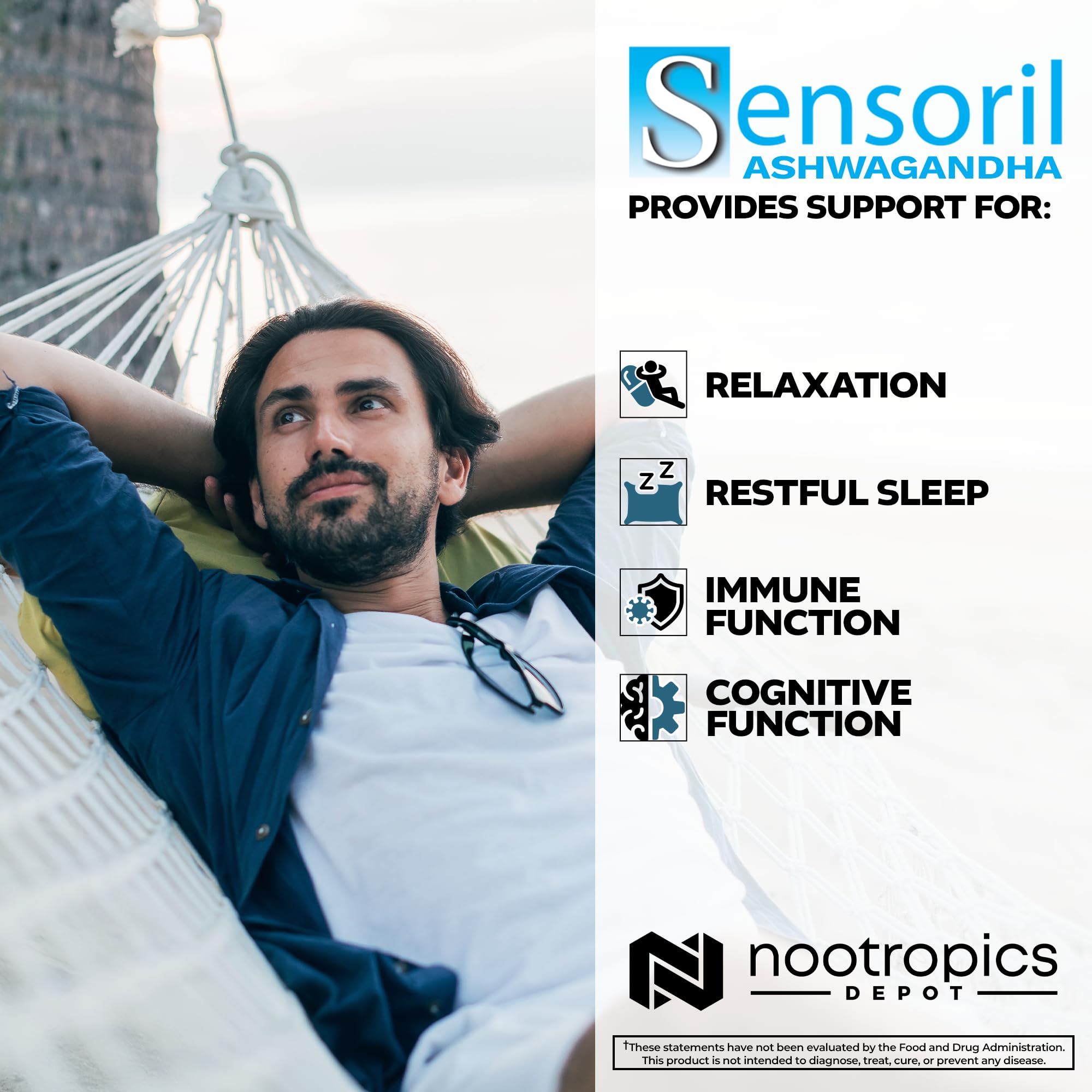 Nootropics Depot Sensoril Ashwagandha packaging box detail highlighting quality.