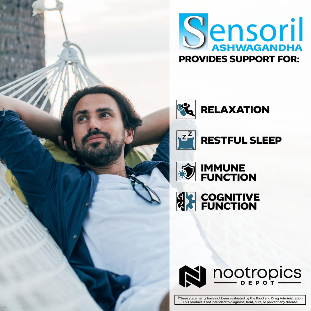 Nootropics Depot Sensoril Ashwagandha packaging box detail highlighting quality.