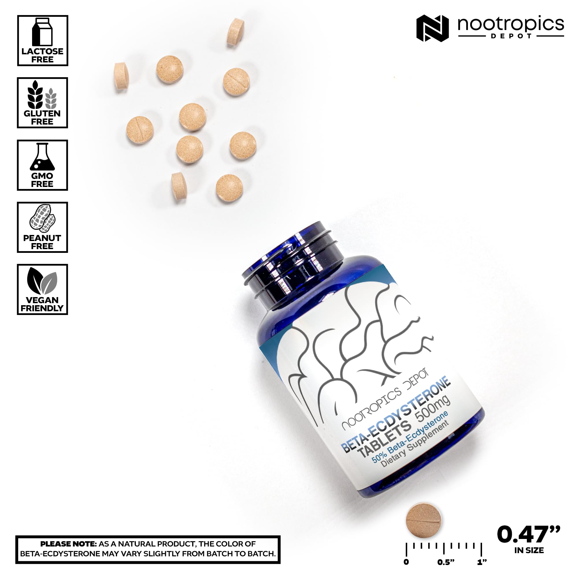 Nootropics Depot label noting 50% Beta-Ecdysterone standardization