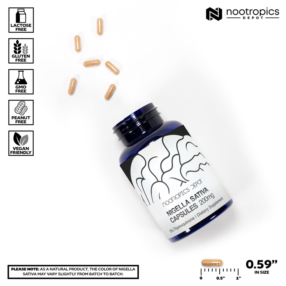 Nootropics Depot Nigella Sativa 5% thymoquinone bottle highlighting standardized content.