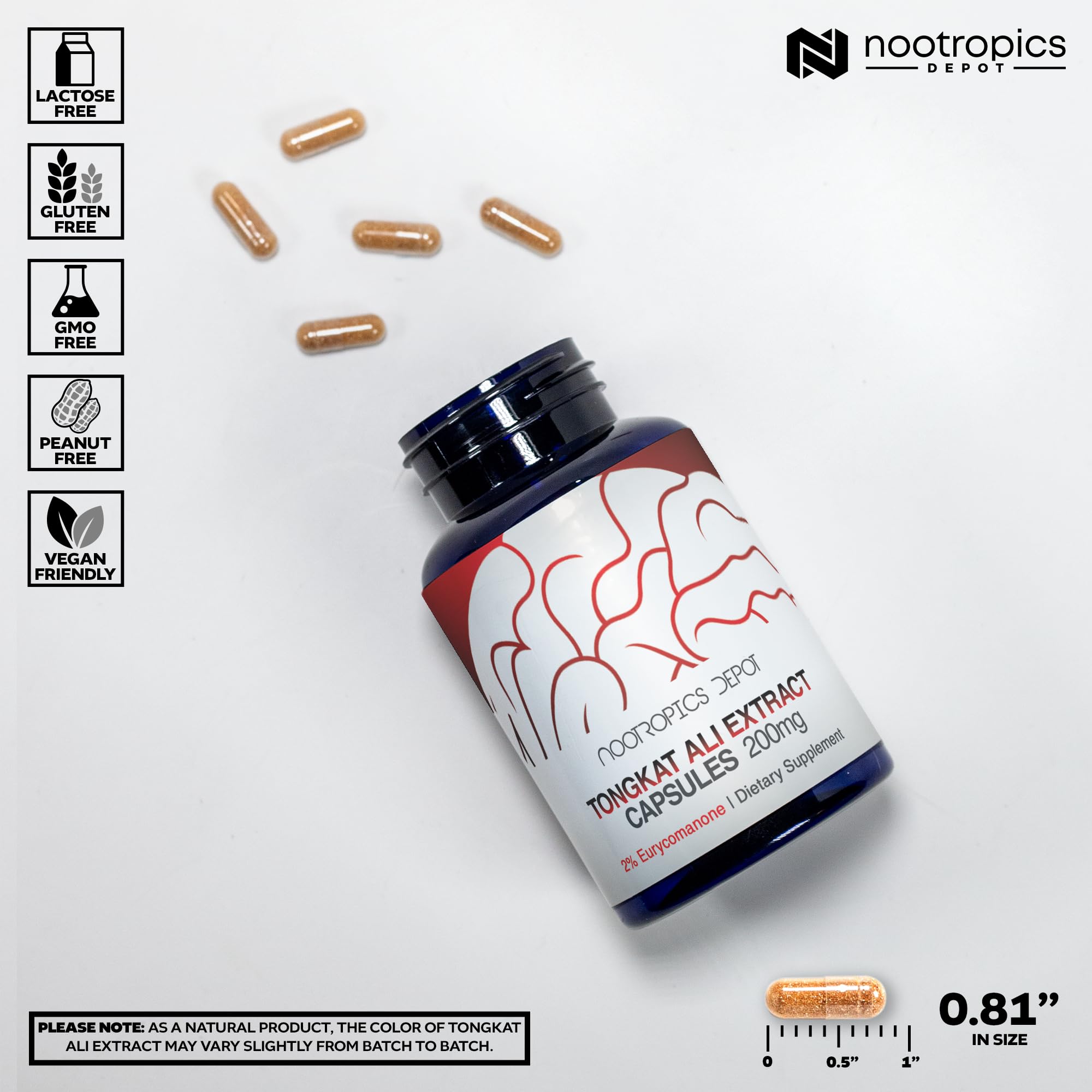 Nootropics Depot Tongkat Ali bottle label highlighting 200 mg per capsule.