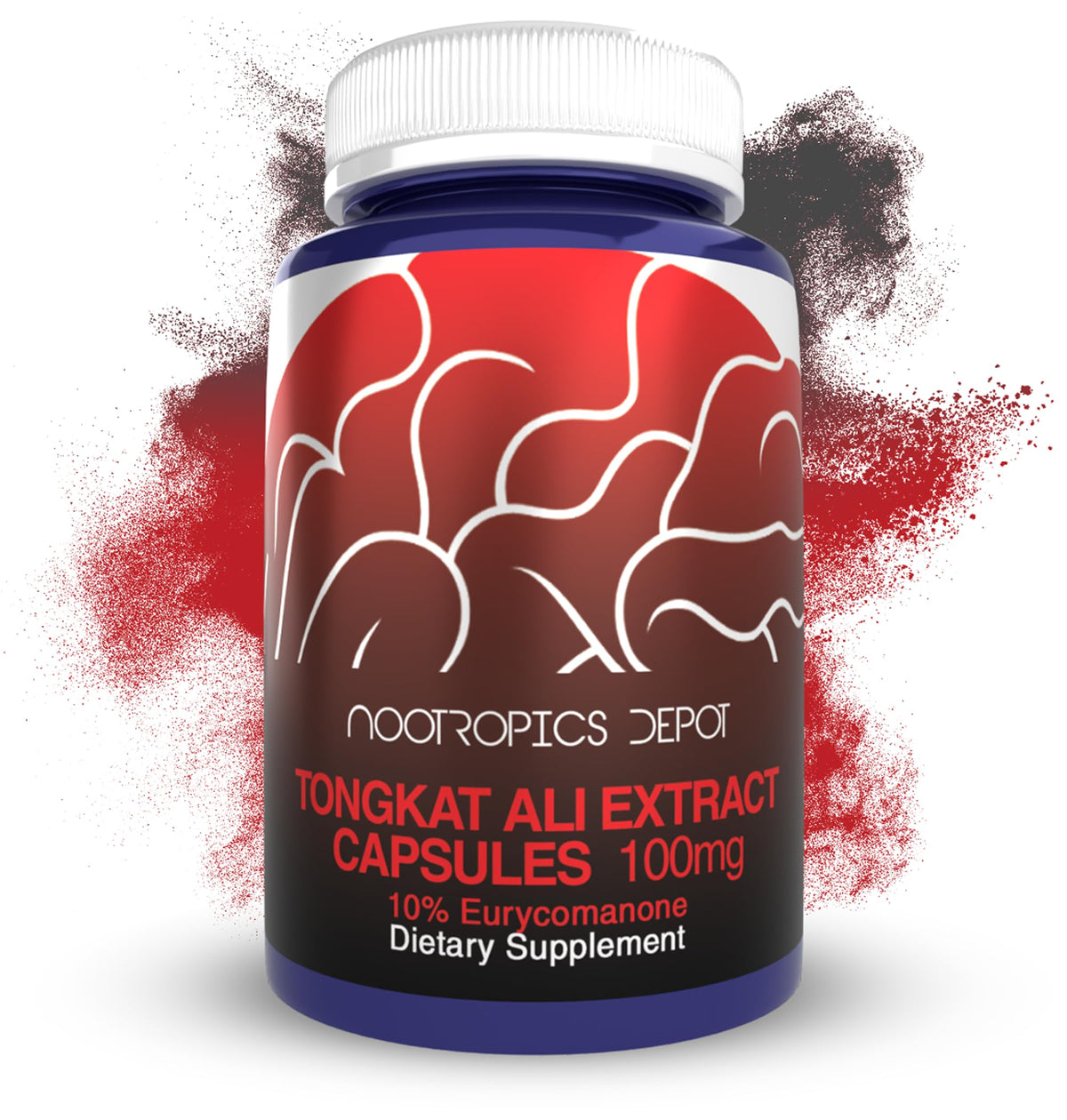 Nootropics Depot Tongkat Ali capsules bottle shows 100 mg extract for daily stamina and focus.