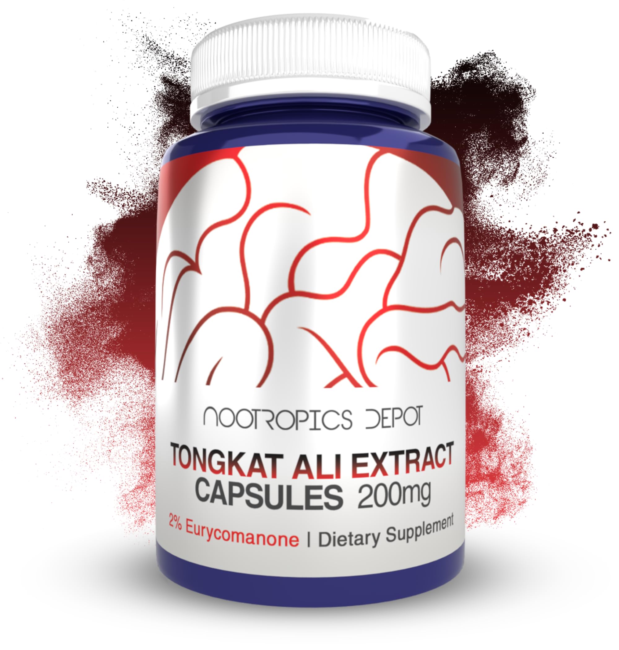 Nootropics Depot Tongkat Ali capsules front view; supports energy and focus.