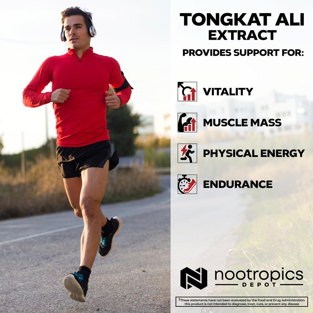 Nootropics Depot Tongkat Ali pack shot, suitable for daily wellness routines.