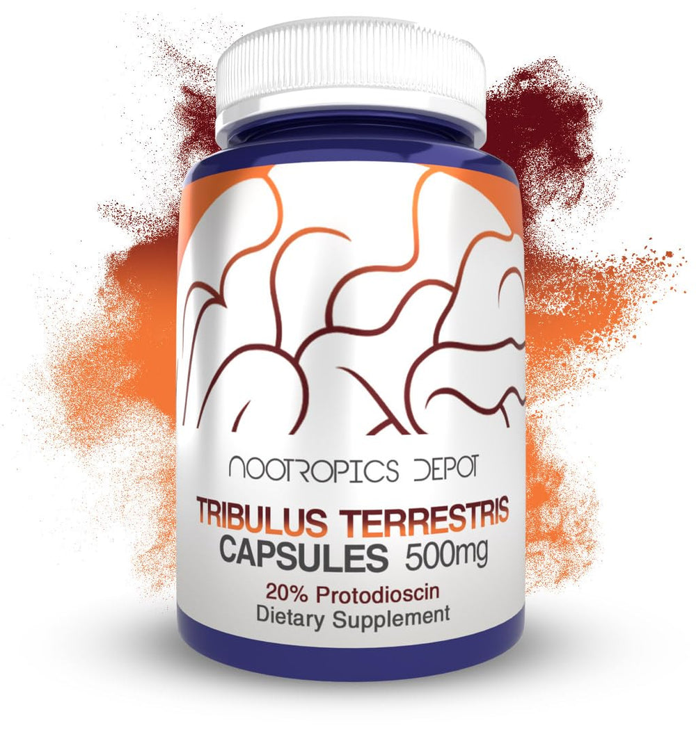 Nootropics Depot Tribulus 500mg bottle pour showing capsules for daily energy support