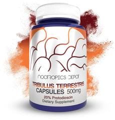 Nootropics Depot Tribulus 500mg bottle pour showing capsules for daily energy support