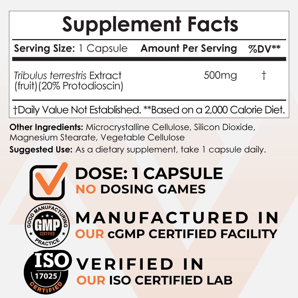 Label detail of Nootropics Depot Tribulus 500mg showing quality testing and purity