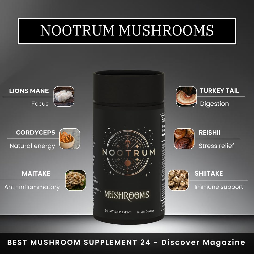 Nootrum Mushrooms front label communicates purity and extract standards