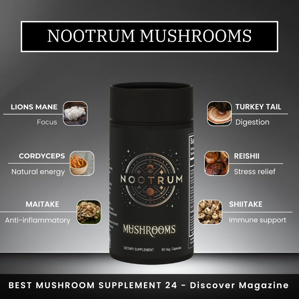 Nootrum Mushrooms front label communicates purity and extract standards