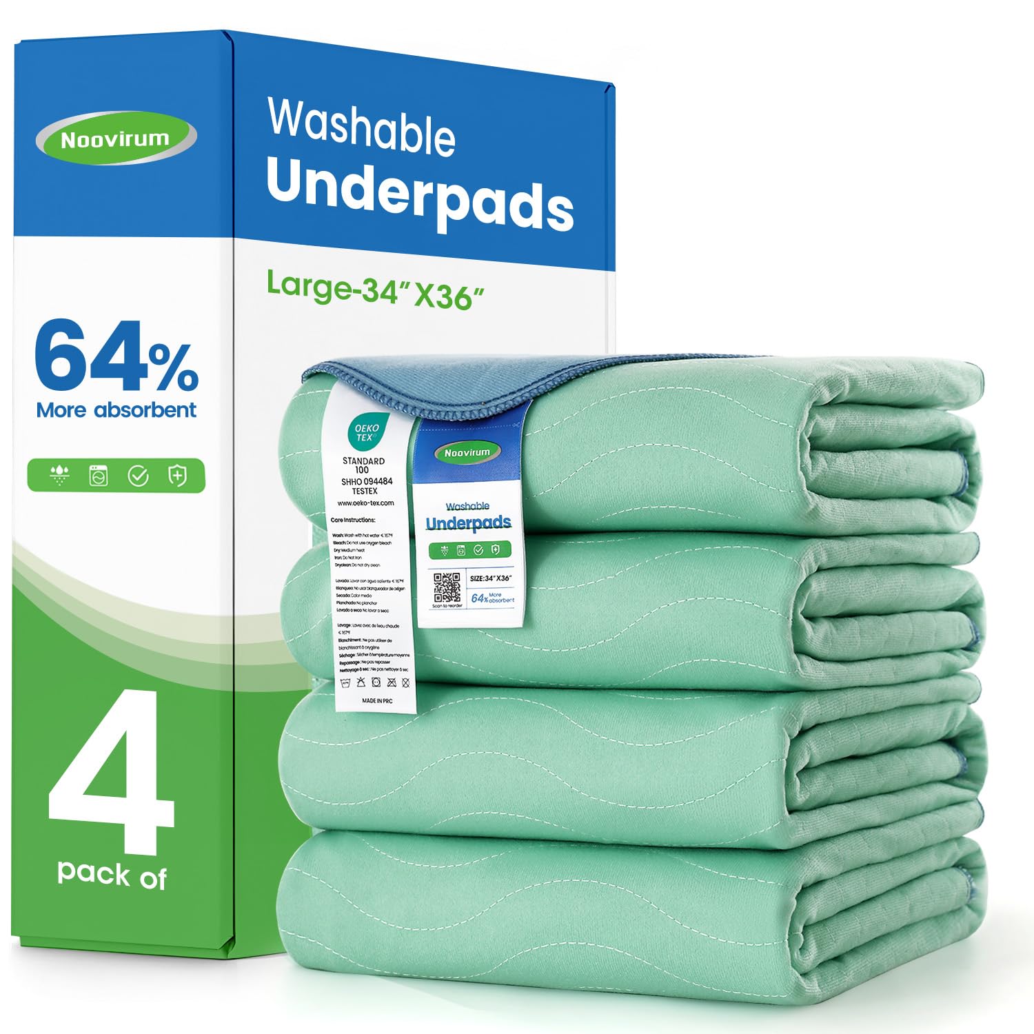 Noovirum washable underpads front view; compact 34x36 size ideal for bed protection.