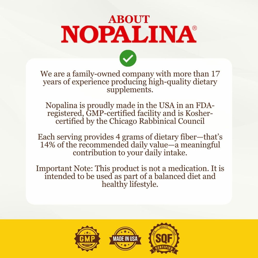 Nopalina FDA-registered facility label indicating safety and quality standards.
