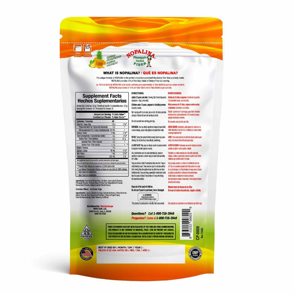 Nopalina Fiber Formula Pineapple powder being poured for easy daily use.