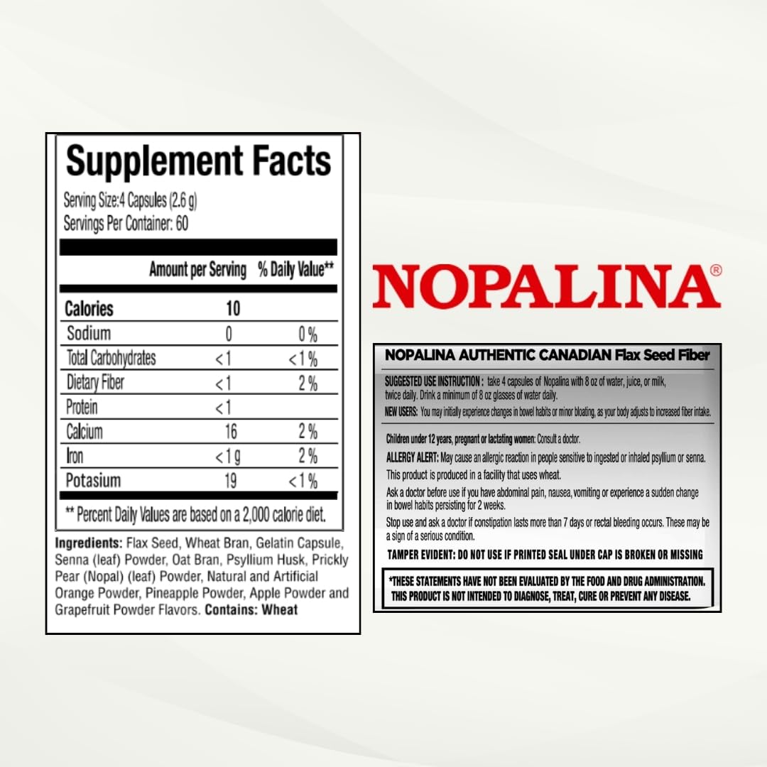 Nopalina Flax Seed Plus ready-to-swallow capsules in a row.