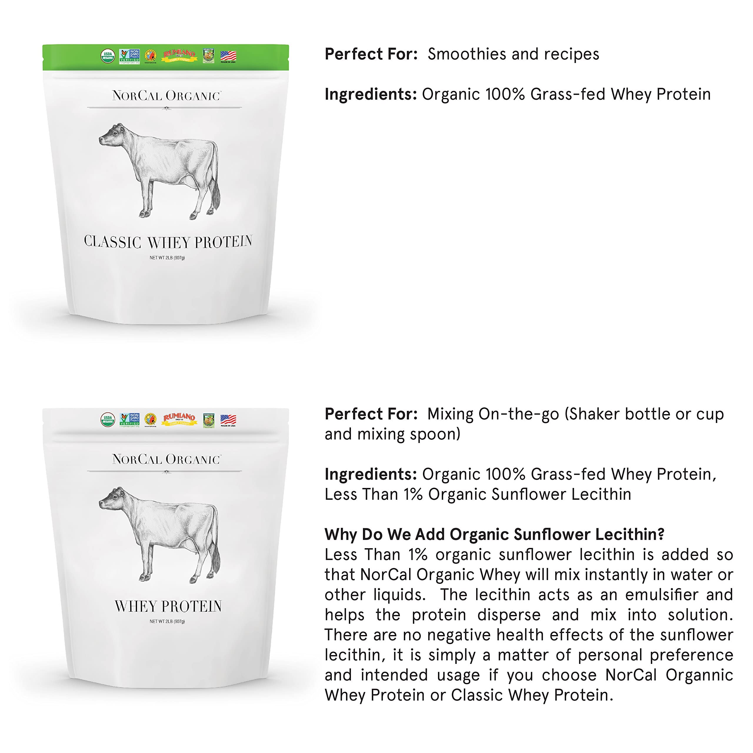 NorCal Organic Classic Whey Protein label certifications — verified non GMO, organic and humane