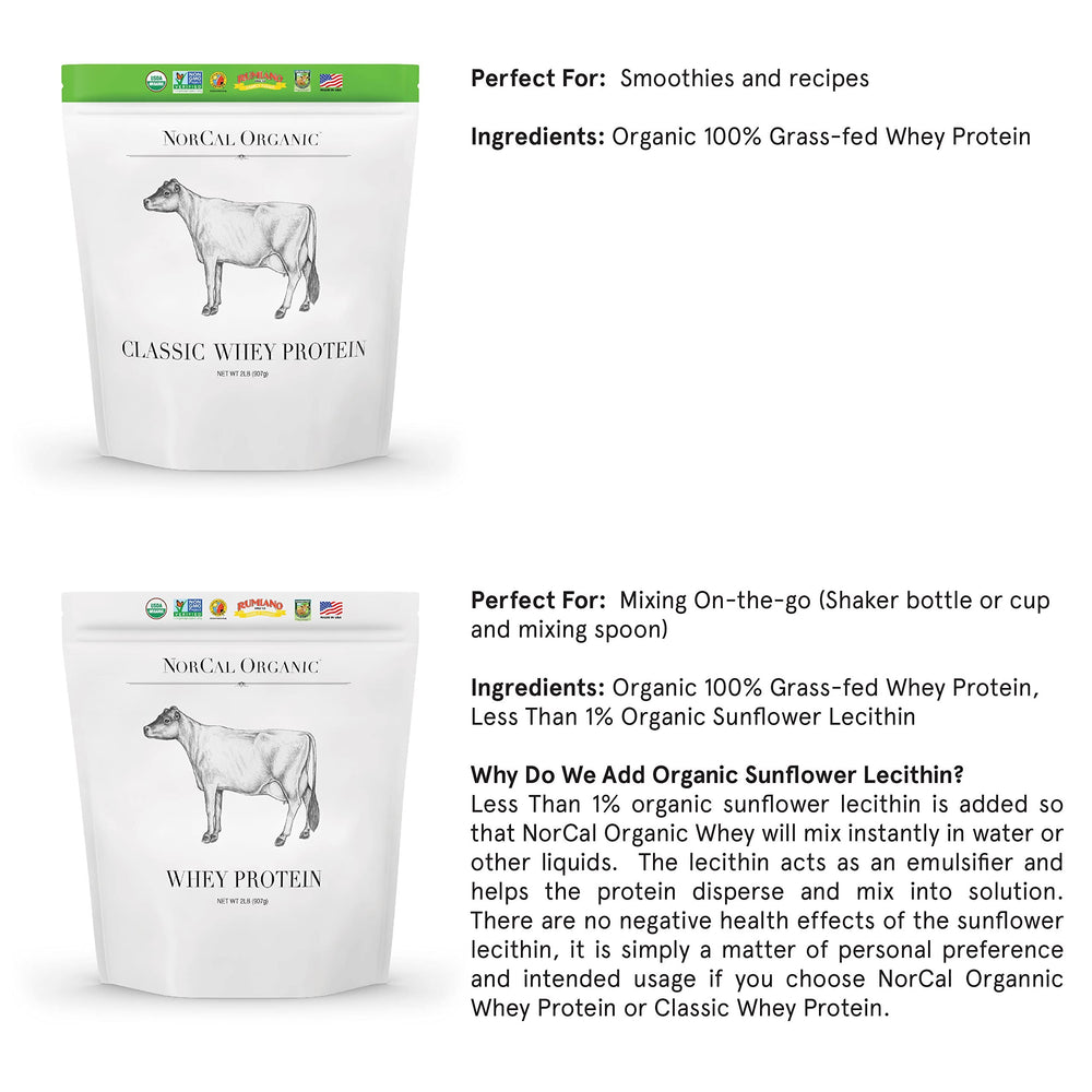 NorCal Organic Classic Whey Protein label certifications — verified non GMO, organic and humane