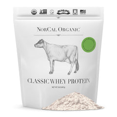 NorCal Organic Classic Whey Protein bottle pour — creamy, unflavored protein for recovery