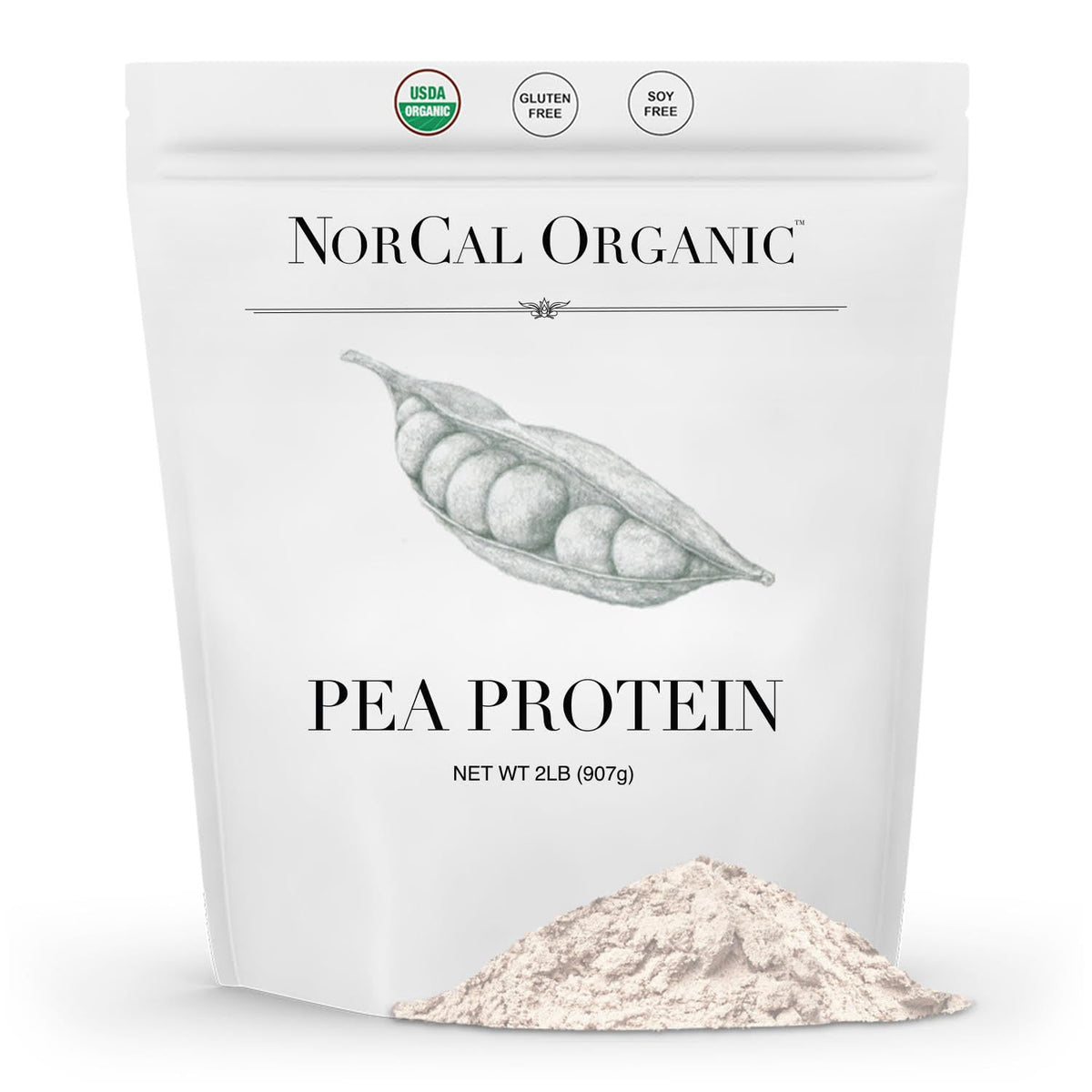 NorCal Organic pea protein isolate unflavored bag showing pure ingredient for vegan meals.