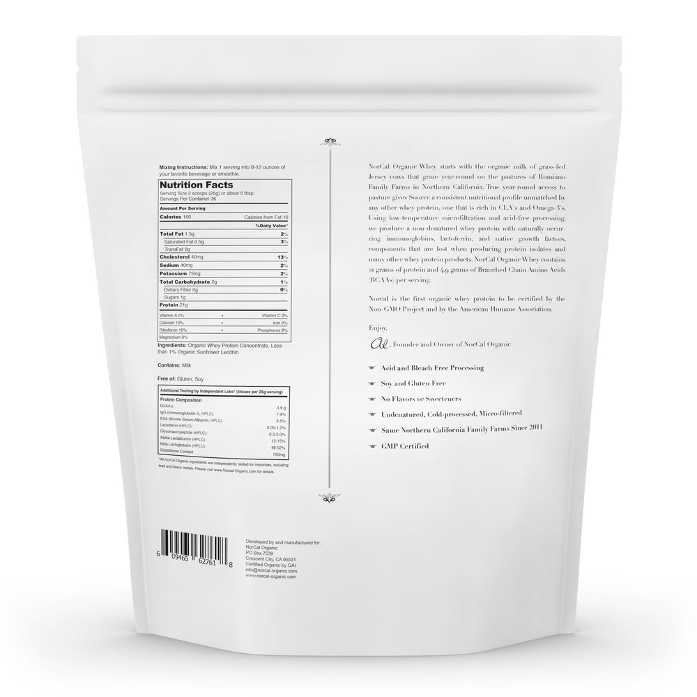 NorCal Organic Whey Protein on a countertop display ready to purchase.