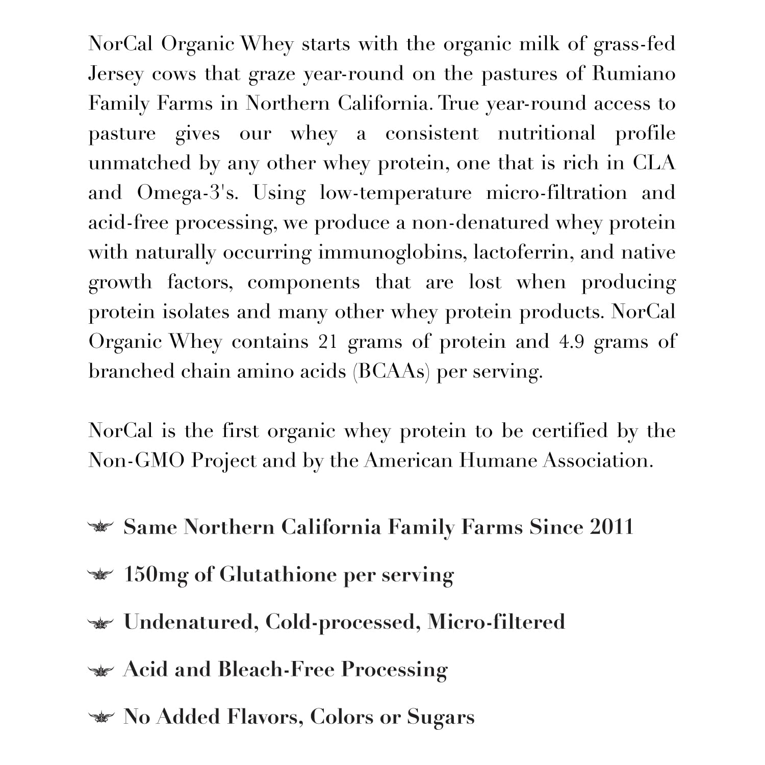 NorCal Organic Whey Protein label close-up highlighting natural ingredients.