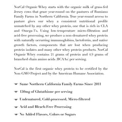 NorCal Organic Whey Protein label close-up highlighting natural ingredients.