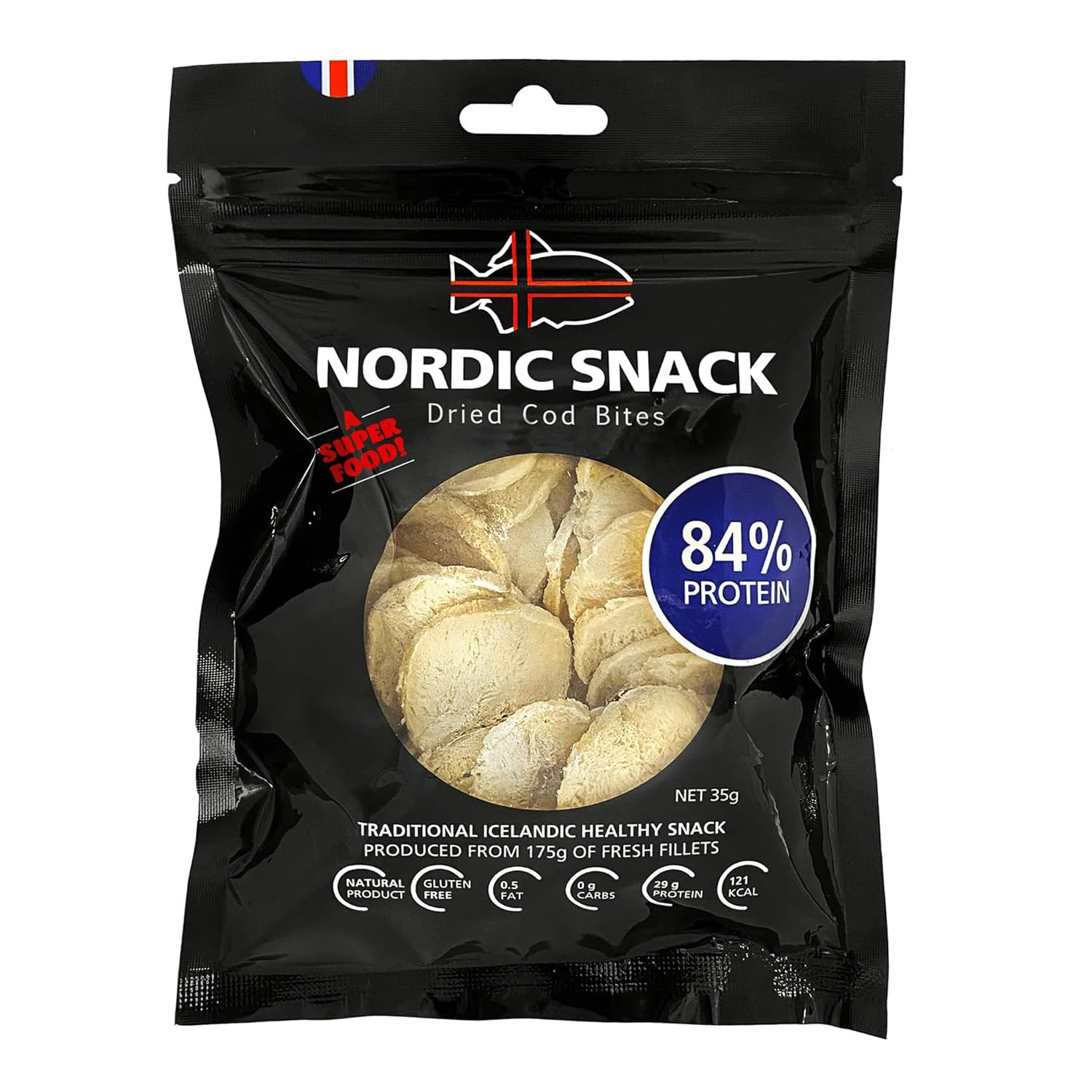 Nordic Catch cod bites front view in resealable bag highlighting on-the-go high-protein snacking.