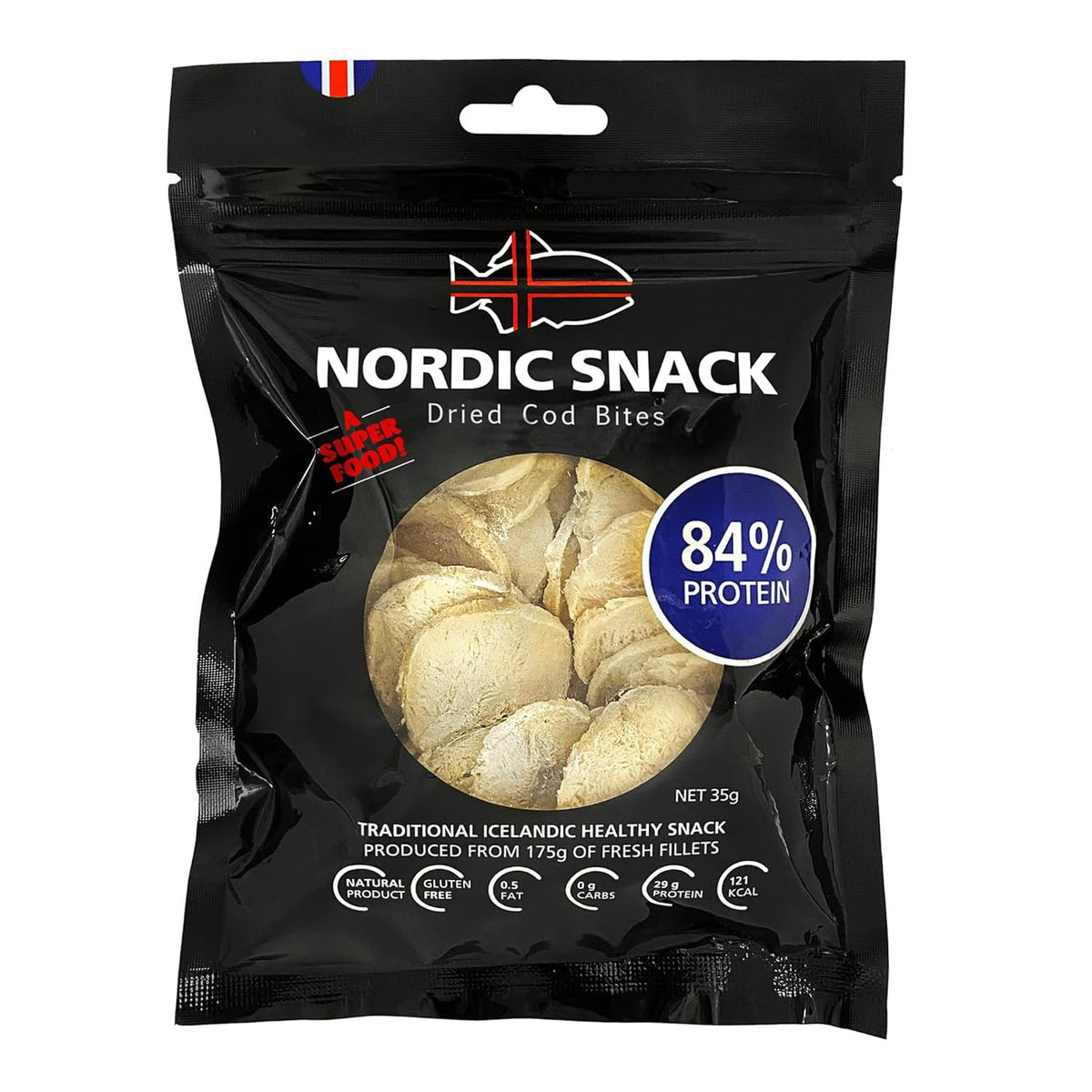 Nordic Catch cod bites front view in resealable bag highlighting on-the-go high-protein snacking.