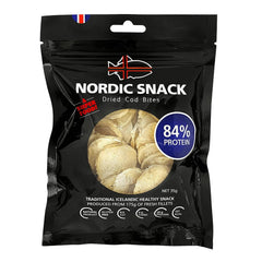 Nordic Catch cod bites front view in resealable bag highlighting on-the-go high-protein snacking.