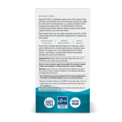 Nordic Naturals Algae DHA bottle highlighting vegan certification and purity.