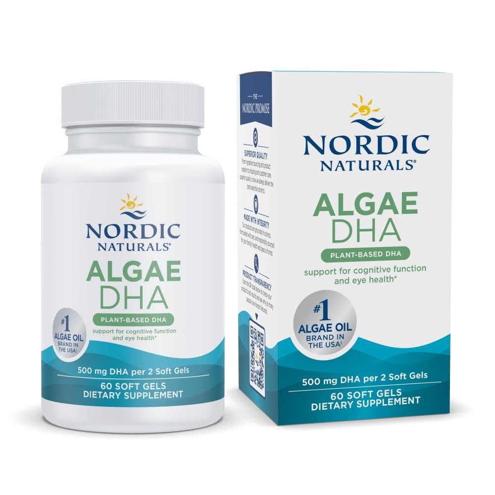 Nordic Naturals Algae DHA soft gels bottle front view for daily vegan DHA.