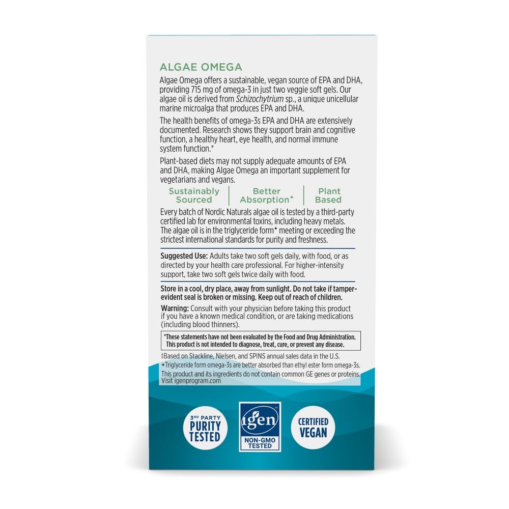 Nordic Naturals Algae Omega packaging shows non-GMO and gluten-free notes