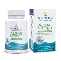 Nordic Naturals Algae Omega soft gels bottle on shelf for vegan omega-3 daily intake