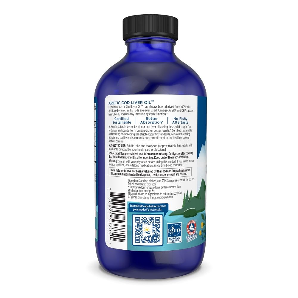 Close-up of Nordic Naturals Arctic Cod Liver Oil label highlighting purity.
