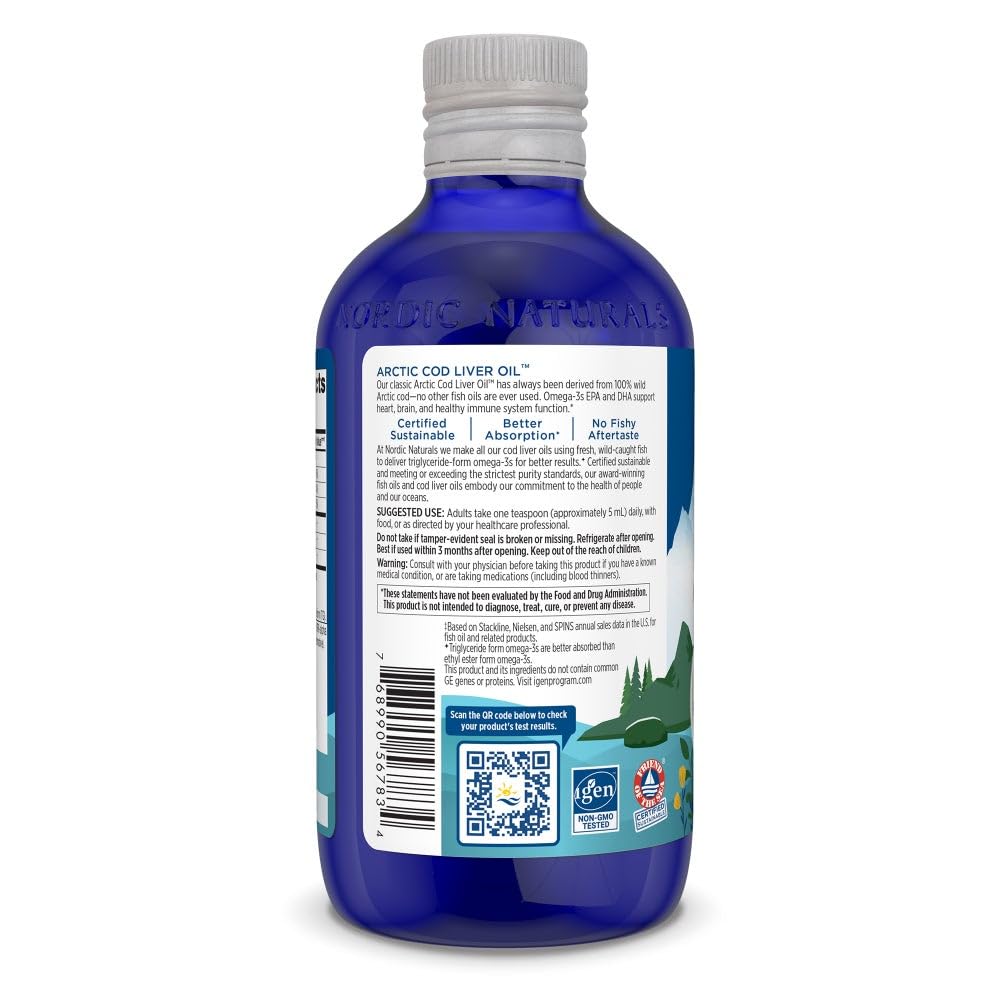 Nordic Naturals Arctic Cod Liver Oil label-front highlights purity and Gold Standard.