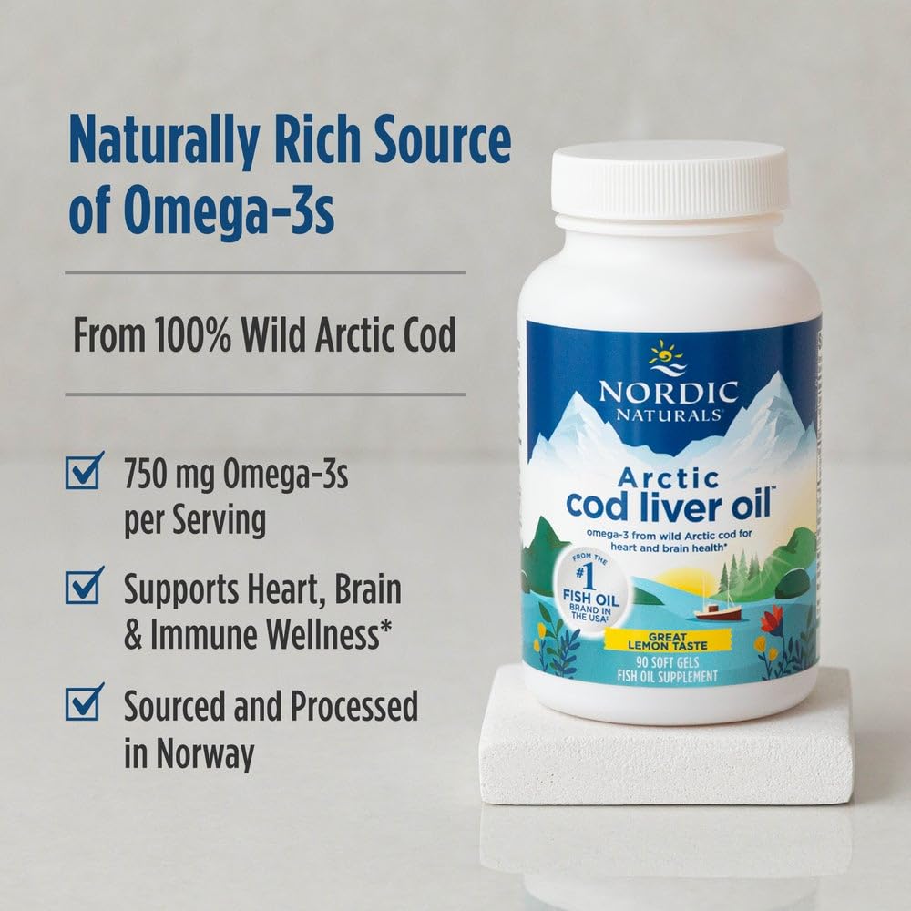 Nordic Naturals Arctic Cod Liver Oil Lemon bottle on shelf communicates trusted omega-3 nourishment