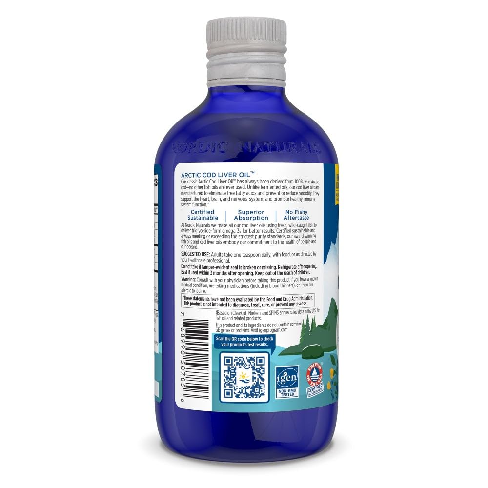 Close-up of lemon-flavored Nordic Naturals cod liver oil label.