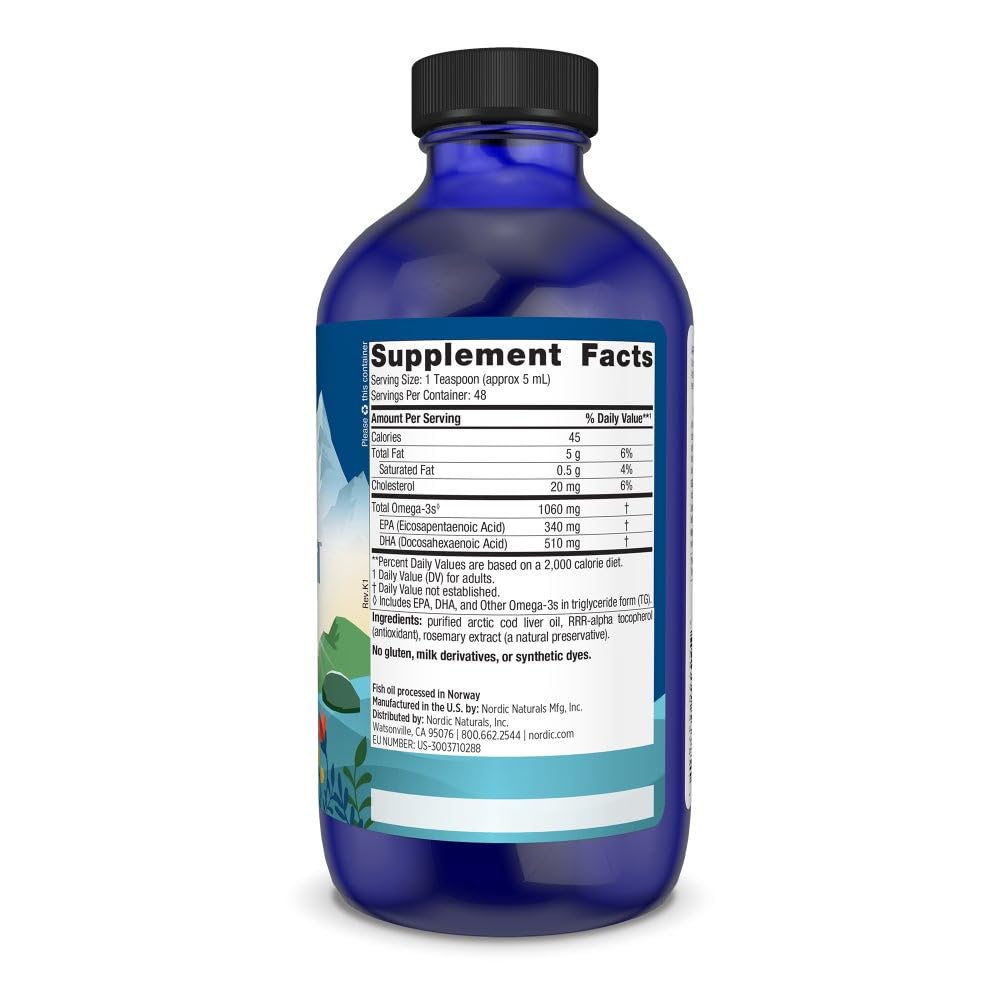 Pouring Nordic Naturals Arctic Cod Liver Oil shows the smooth unflavored liquid.