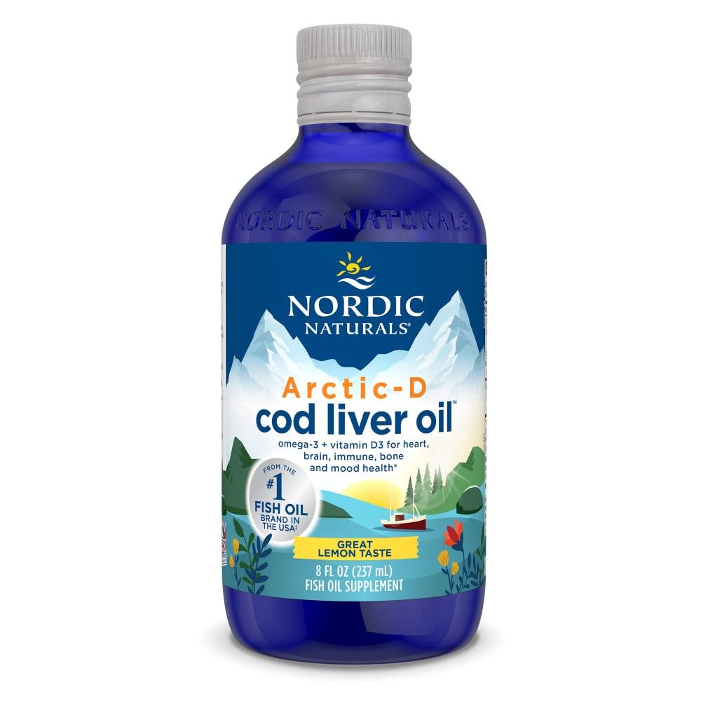 Nordic Naturals Arctic-D cod liver oil lemon bottle with lemon flavor and omega-3 content.