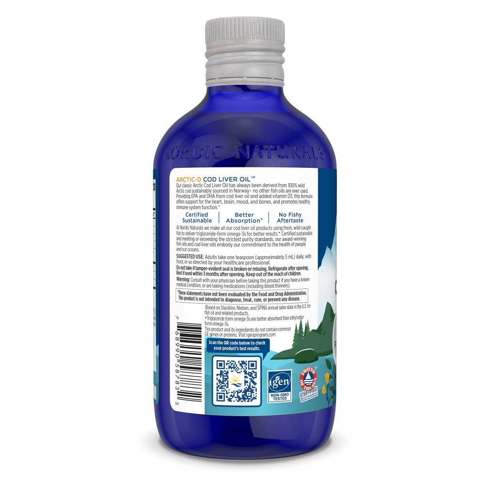 Nordic Naturals Arctic-D bottle label highlighting vitamin D3 per serving.