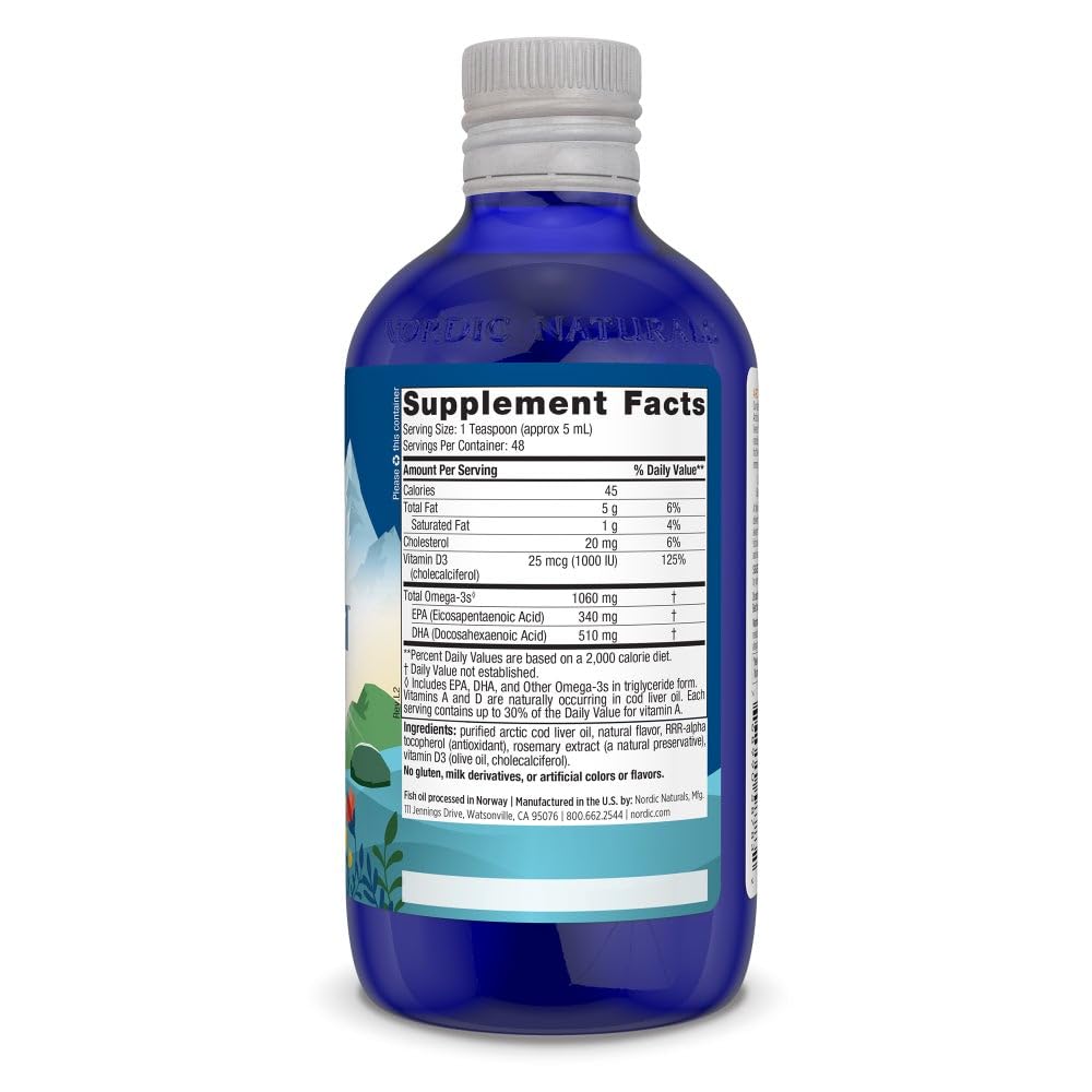 Close-up of lemon-flavored Arctic-D cod liver oil with smooth texture and minimal aftertaste.