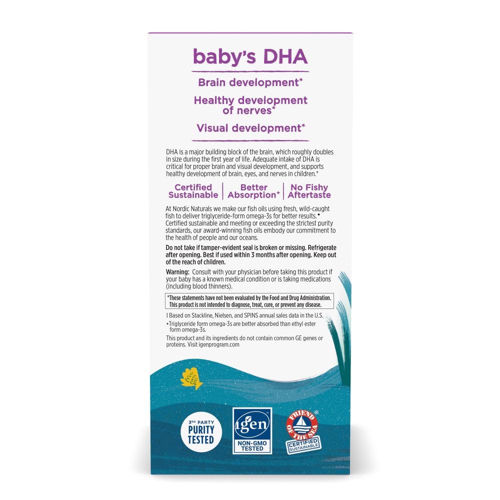 Nordic Naturals Baby's DHA label closeup highlights omega-3 and vitamin D3.