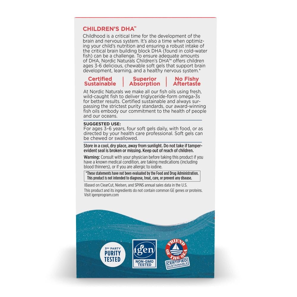 Nordic Naturals Children's DHA label close-up; shows EPA and DHA content for balance.
