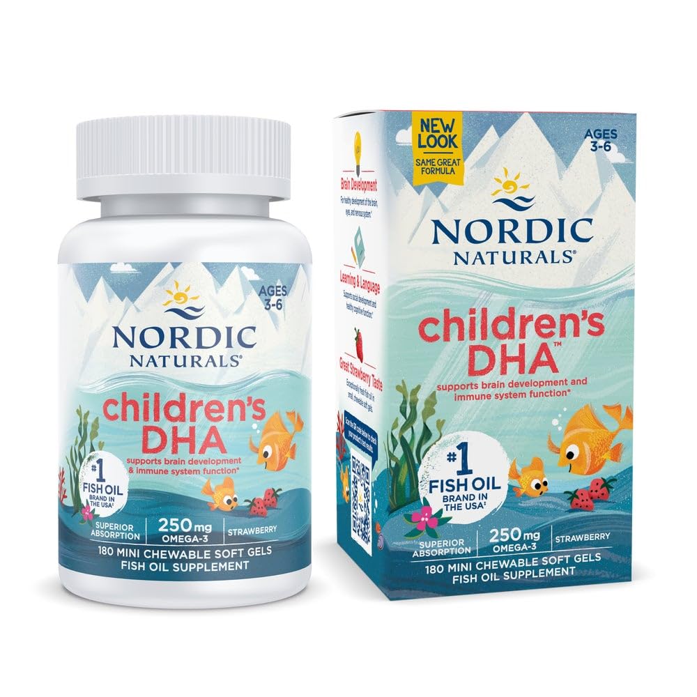 Nordic Naturals Children's DHA strawberry bottle on a shelf; kid-friendly brain-boosting omega-3 option.