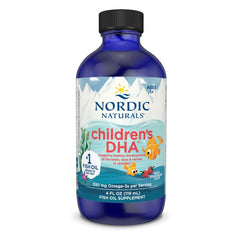 Nordic Naturals Children's DHA strawberry bottle highlights pure Arctic cod oil for daily omega-3 intake.