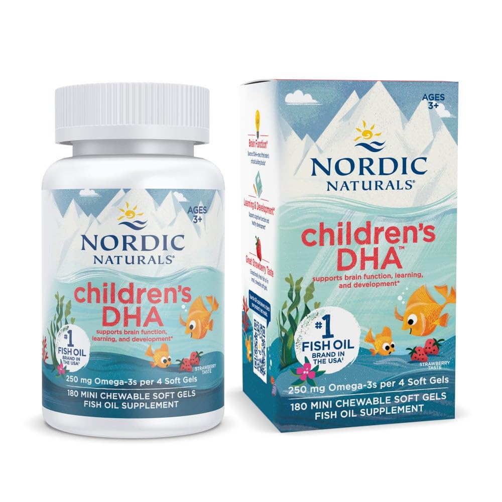 Nordic Naturals Children's DHA strawberry bottle highlights kid-friendly omega-3 support for learning