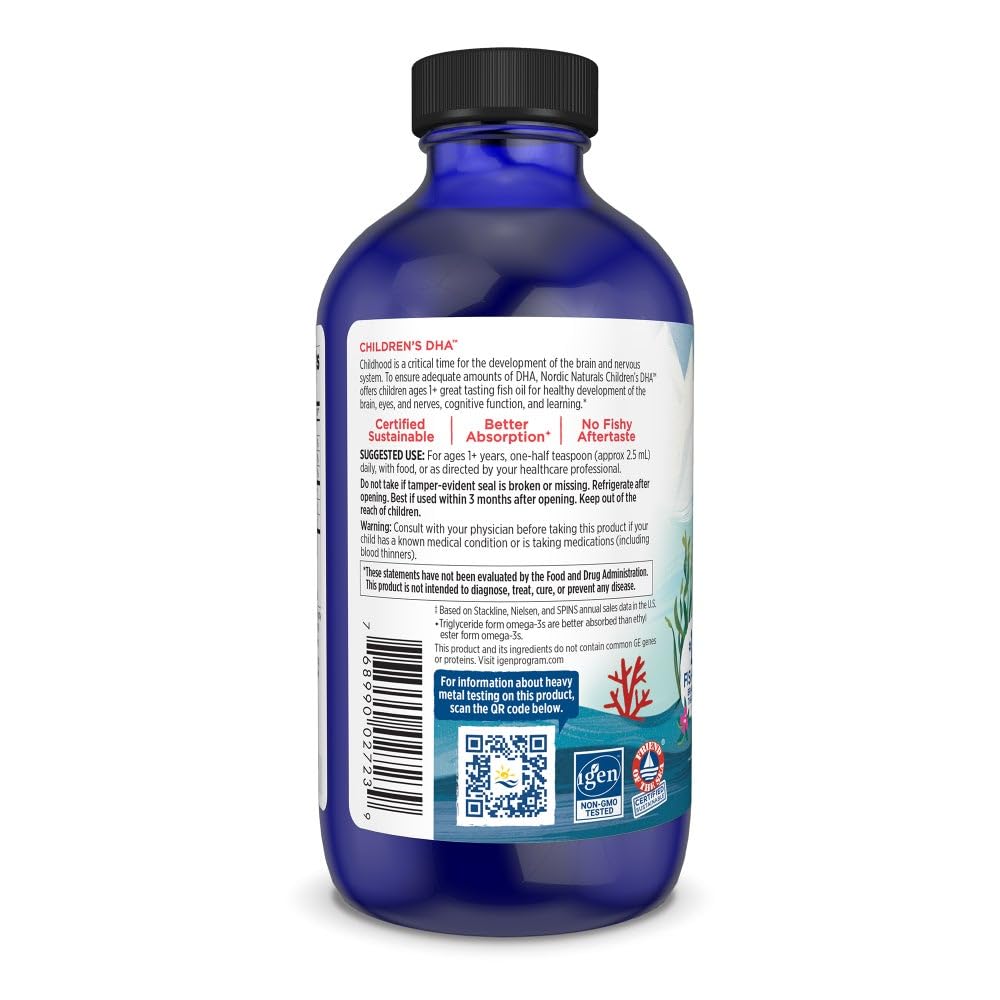Nordic Naturals Children's DHA Strawberry label closeup emphasizes purity and non-GMO promise.