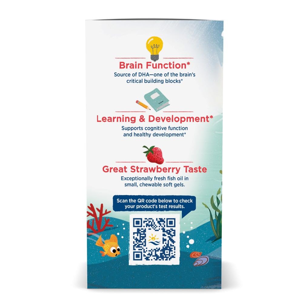 Close-up of Nordic Naturals Children’s DHA Strawberry label and branding