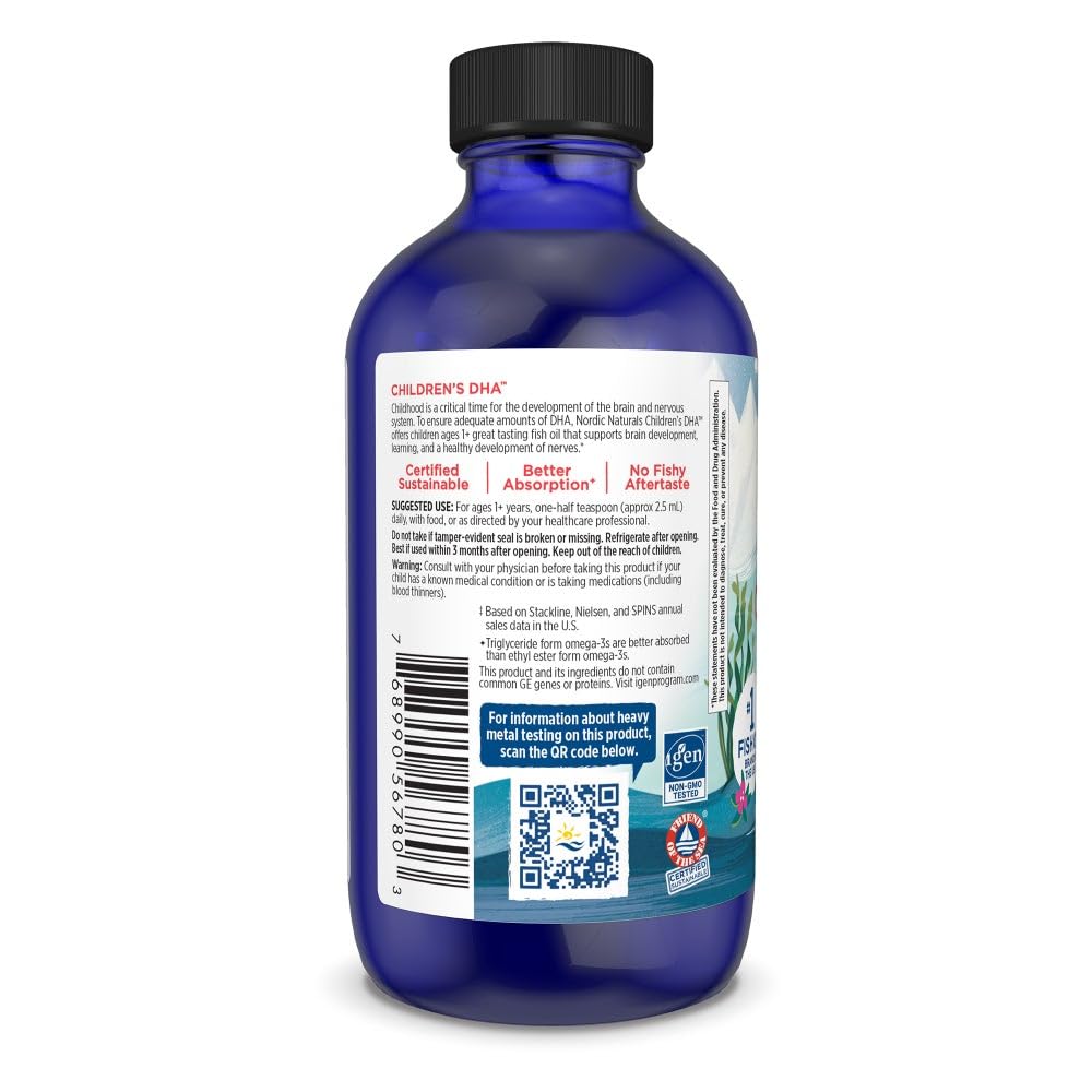 Nordic Naturals Children's DHA strawberry label emphasizes purity and non-GMO ingredients.
