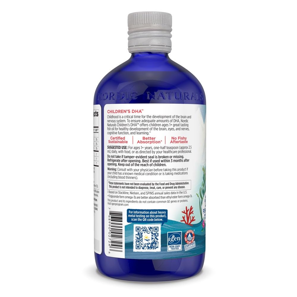 Nordic Naturals Children's DHA Strawberry spoonful demonstrates easy daily dosage for kids.